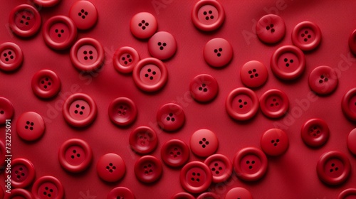 Vibrant sewn circle buttons on plastic design background: fashionable red cloth texture