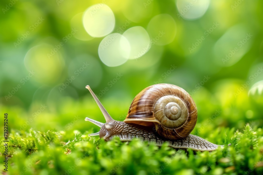 A brown snail racing on a green background at the wood A brown snail racing on a green background at the wood