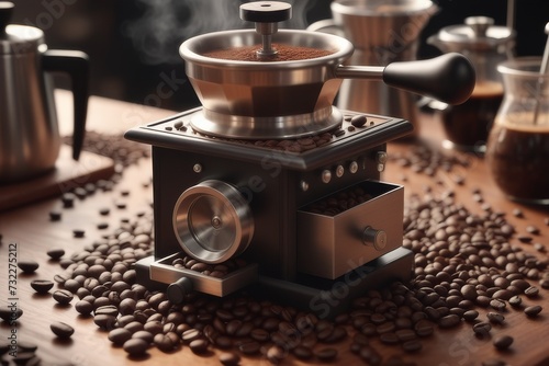 Coffee grinder with cup of coffee and beans on table