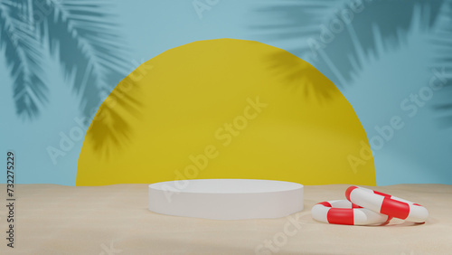 Stage and blue background with leaf shadows and rubber rings and yellow