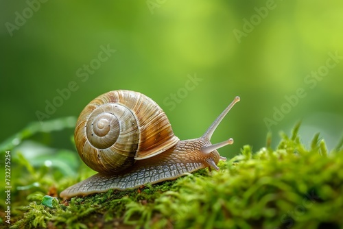 A brown snail racing on a green background at the wood