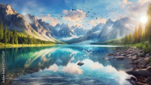 Beautiful natural scenery with sunrise sky. reflection of mountains on the lake. The sun rises over the lake. 4K seamless looping overlay virtual video animation backgrounds  photo