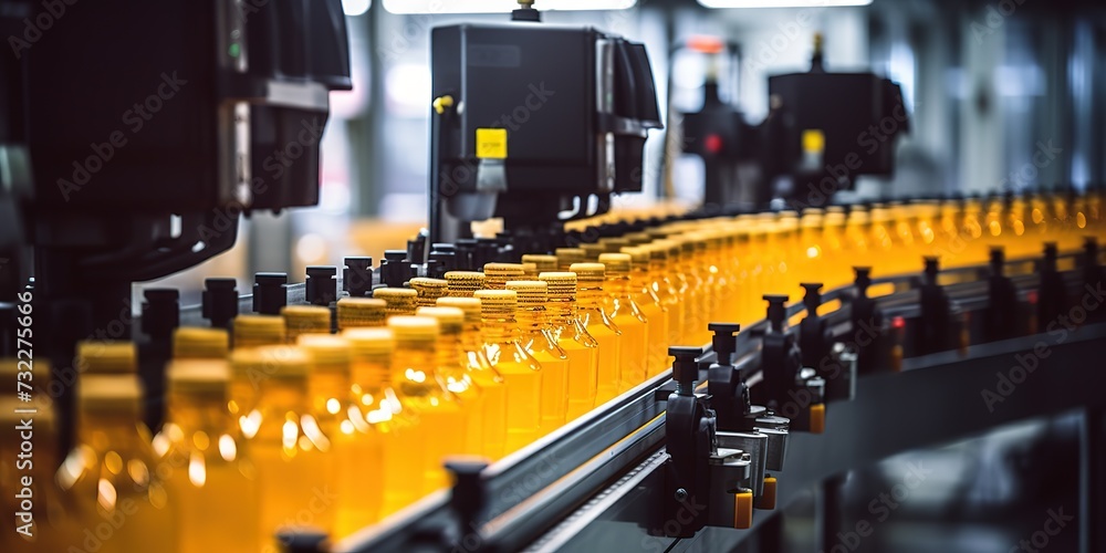 Beverage factory interior. Conveyor with bottles for juice or water. Modern equipment Beverage factory interior. Conveyor with bottles for juice or water. Modern equipment