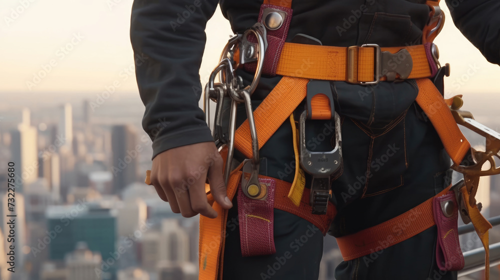 A worker with a fall arrest device for a worker with a safety belt latch A worker with a fall arrest device for a worker with a safety belt latch