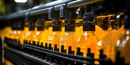 Beverage factory interior. Conveyor with bottles for juice or water. Modern equipment