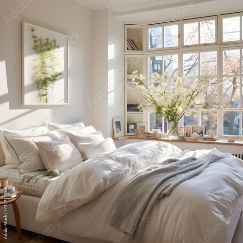 Classical bedroom and living room 3d render,The rooms have wooden floors and gray walls ,decorate with white and gold furniture,There are large window looking out to the nature view 0027