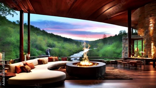 living room with fireplace with views of nature and the river