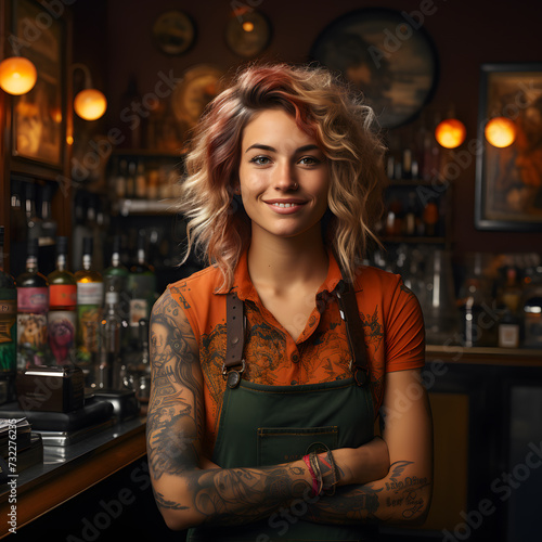 portrait of a woman bartender in a bar with nice smile