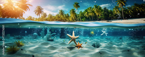 tropical island split view with vivid underwater life