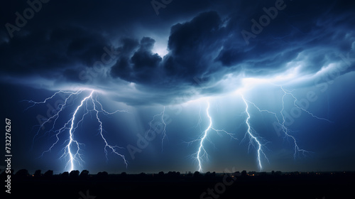 Dangerous Thunderstorm with Lighting strikes. Stormy Sky Illuminated by Multiple Cloud-to-Ground Lightning Strikes. Ai generated