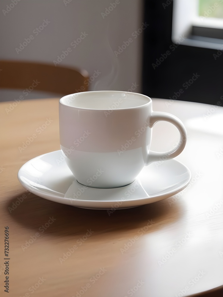 A white coffee mug is placed on the table. A white coffee mug is placed on the table.