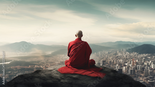 Buddhist monk dressed in red , bald head, meditates on mountain top and looks at city. Serene Buddhist Monk in Red Contemplates Cityscape from Mountain Summit. Ai generated