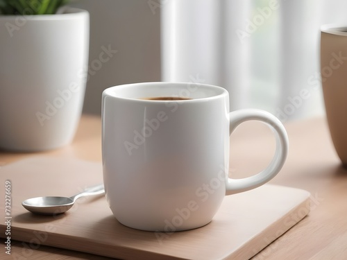 A white coffee mug is placed on the table.