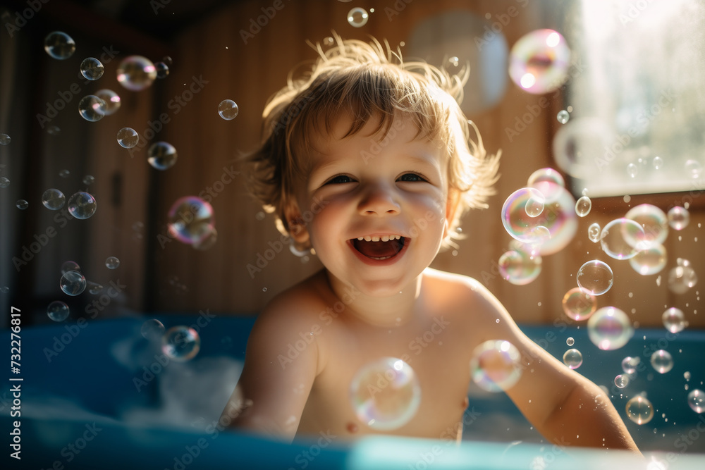 Pure joy unfolds as a small kid smiles, immersed in the bathtub, captivated by the simple pleasure of playful soap bubbles. Ai generated Pure joy unfolds as a small kid smiles, immersed in the bathtub, captivated by the simple pleasure of playful soap bubbles. Ai generated