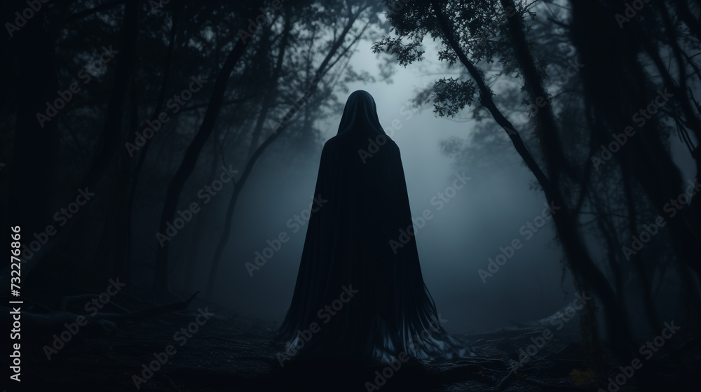 Forest Ghost, Cinematic Night Shot Captures Ghostly Figure in Enigmatic Forest, Face Shrouded in Total Darkness. Ai generated Forest Ghost, Cinematic Night Shot Captures Ghostly Figure in Enigmatic Forest, Face Shrouded in Total Darkness. Ai generated