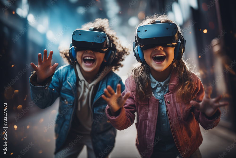 Kids Have a Blast Wearing VR Headsets, Immersed in Fun and Laughter. Ai generated Kids Have a Blast Wearing VR Headsets, Immersed in Fun and Laughter. Ai generated