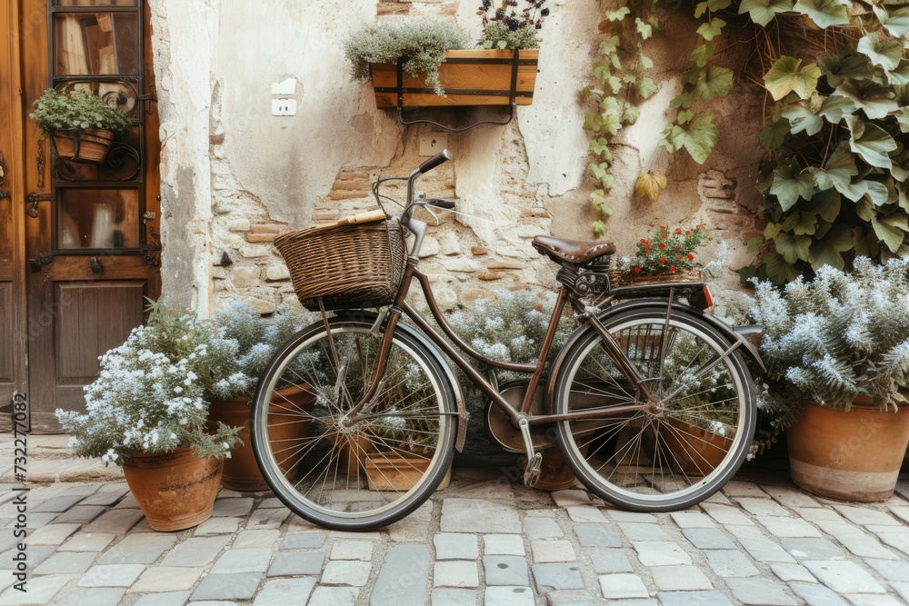   bicycle leaning against a charming cobblestone wall  