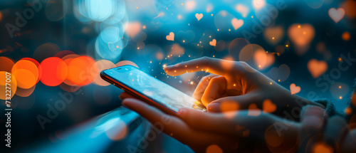 Digital Connections with hands and Mobile Phone Illustration with Social Media Icons, Touching Screen, in Blue and Orange Muted Hues. Ai generated