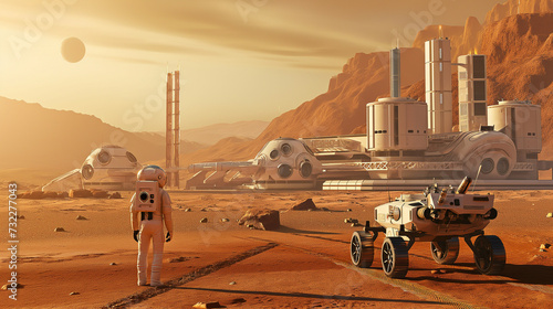 Futuristic Human Base on Mars. Mars rover and Spaceman with Cutting-Edge Design, Mars bases and a Rover next to a human dressed in space suit. Ai generated