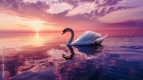 Graceful swan reflection on a lake  gracefully drifting on a calm water  vibrant pink and purple hues from the setting sun. Ai generated