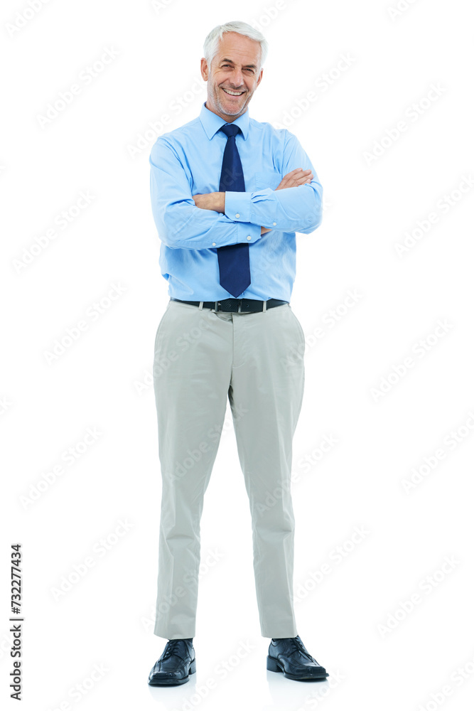 Studio, portrait or mature businessman happy in career and confident professional with arms crossed. Senior accountant, face or smile for auditing job in corporate or positive by white background Studio, portrait or mature businessman happy in career and confident professional with arms crossed. Senior accountant, face or smile for auditing job in corporate or positive by white background