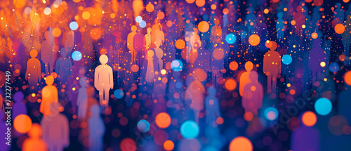 A visually striking banner celebrating unity and connection, portraying diverse people shapes interlinked by dots and lines in a vibrant color palette of blue, orange, and purple. Ai generated photo