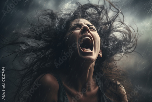 Woman Screaming Amidst Stormy Clouds, Capturing the Intensity of Stress and Inner Turmoil. Ai generated