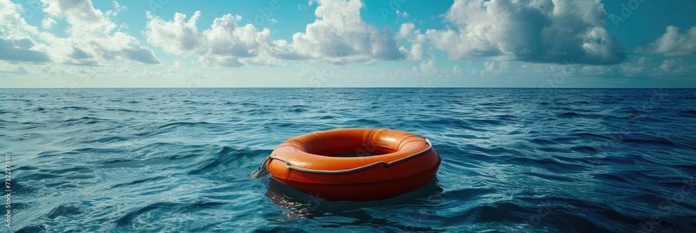 A lifebuoy in orange drifts across the vast sea. Generative Ai.