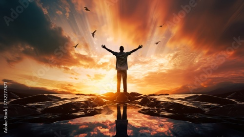 Wallpaper Mural Praise at sunset: silhouetted figure standing on rocky coastline, arms raised in awe, with vibrant hues painting the sky, a serene moment captured in nature's embrace Torontodigital.ca