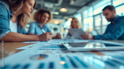 A focused group of professionals collaborates over charts and digital devices during a strategic business meeting.
