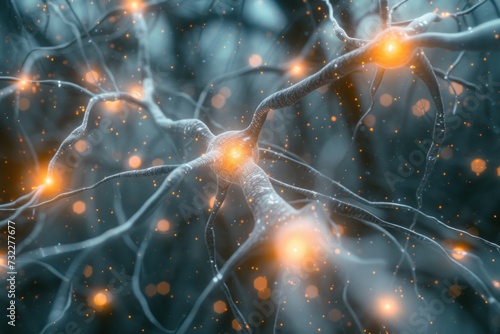 Digital rendering of neural network synapses with bright impulses illustrating complex brain activity and neurotransmission. photo
