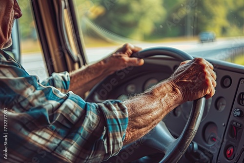 A close-up of a semi-truck driver's hands gripping the steering wheel, capturing the determination and focus required for long-distance trucking. 