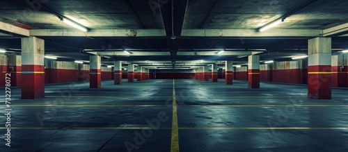 A symmetrical parking garage in the city, featuring red and white pillars, a yellow line, and asphalt flooring. photo