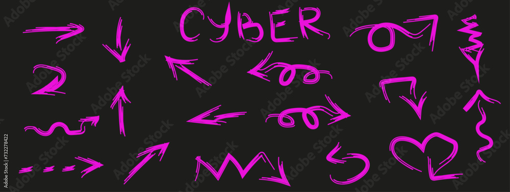 Big set Neon Doodle Hand Drawn elements isolated on black background. Purple Doodle Arrows brush collection. Arrows and underline in Cyberpunk style. Vector illustration. EPS 10 Editable stroke Big set Neon Doodle Hand Drawn elements isolated on black background. Purple Doodle Arrows brush collection. Arrows and underline in Cyberpunk style. Vector illustration. EPS 10 Editable stroke