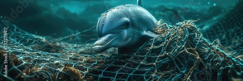 A dolphin entangled in a net for fishing. Generative Ai.