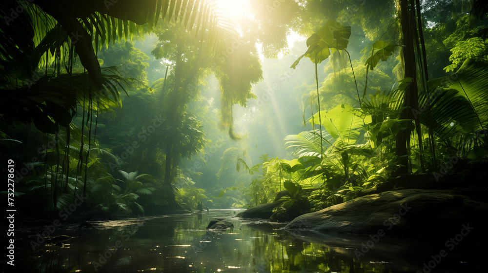 Obraz premium Dreamy tropical landscape with rainforest. Banner with greenery and copy space for your text. Bali style template for your design, exotic photo with green palm leaves and atmospheric sunlight rays. 