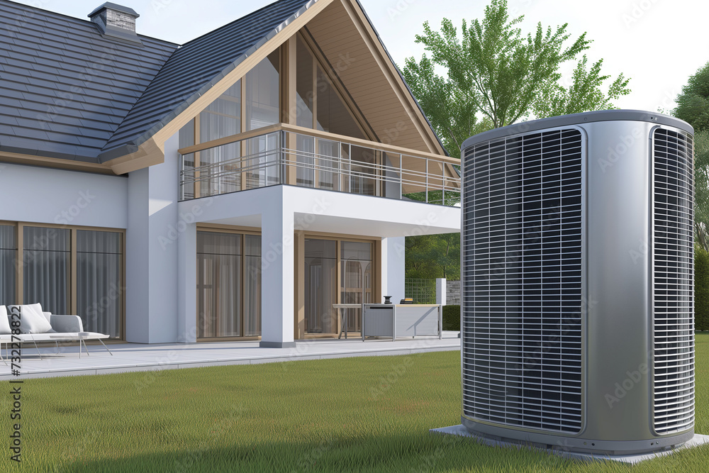 Fototapeta premium Air heat pump near modern house