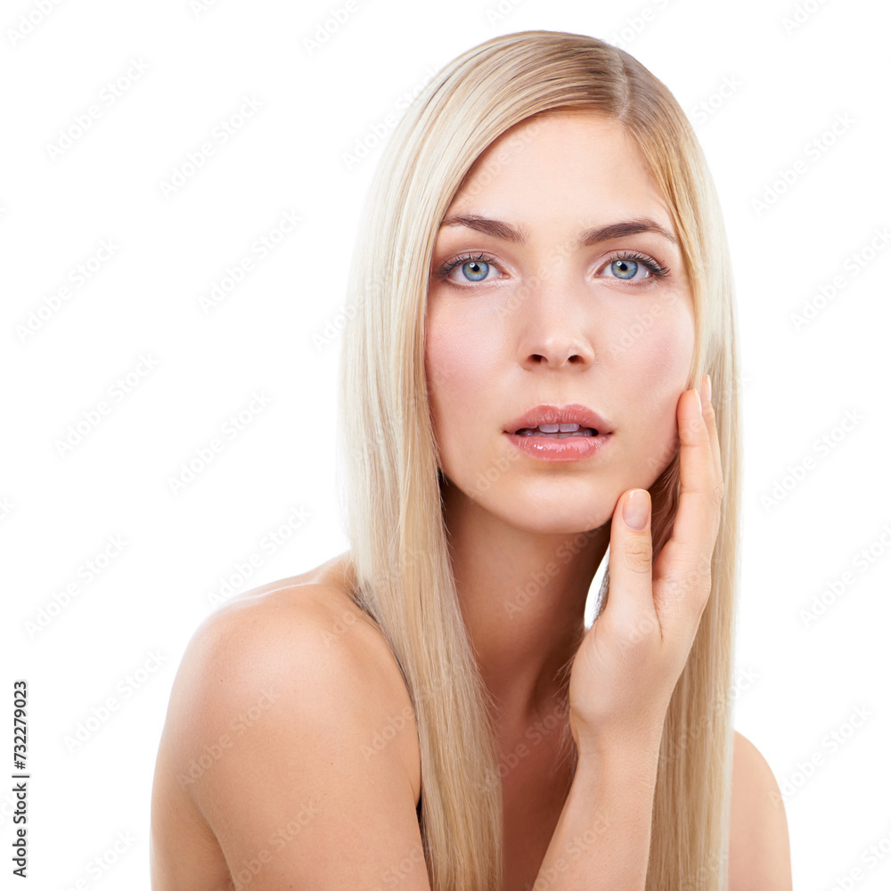 Skincare, touch and portrait of woman, hair and beauty in isolated on a white studio background. Face, hairstyle or hand of blonde model in cosmetics, glow or salon treatment at hairdresser for shine Skincare, touch and portrait of woman, hair and beauty in isolated on a white studio background. Face, hairstyle or hand of blonde model in cosmetics, glow or salon treatment at hairdresser for shine