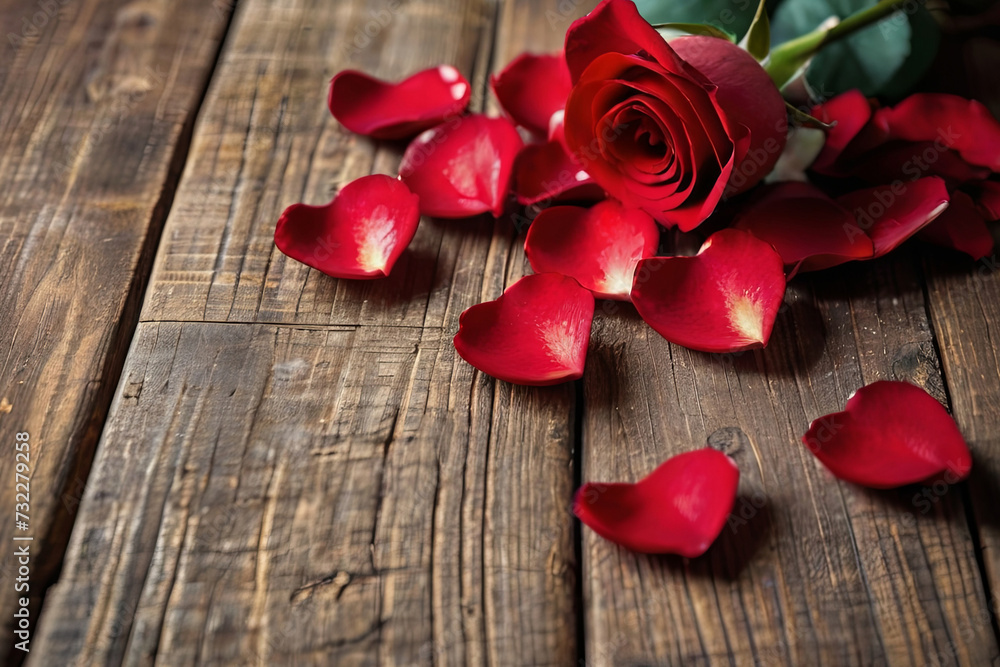 Romantic rose petals. Red petals on wooden background, perfect for Valentine's Day. Copy space available. Romantic rose petals. Red petals on wooden background, perfect for Valentine's Day. Copy space available.