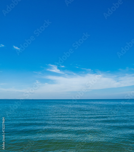 Landscape beautiful summer vertical horizon look view tropical shore open sea beach cloud clean and blue sky background calm nature ocean wave water nobody travel at thailand chonburi sun day time