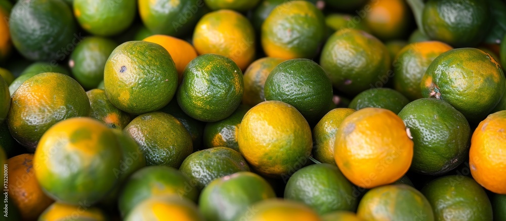 A mixture of green and orange oranges, a seedless citrus fruit, displayed on a table. A vibrant combination of natural foods and a wholesome ingredient for delightful dishes.