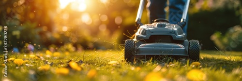 A electric cordless mower is used by a gardener. Generative Ai. photo