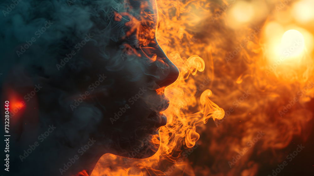 a person breathing in the morning sun with warm breath forming smoke