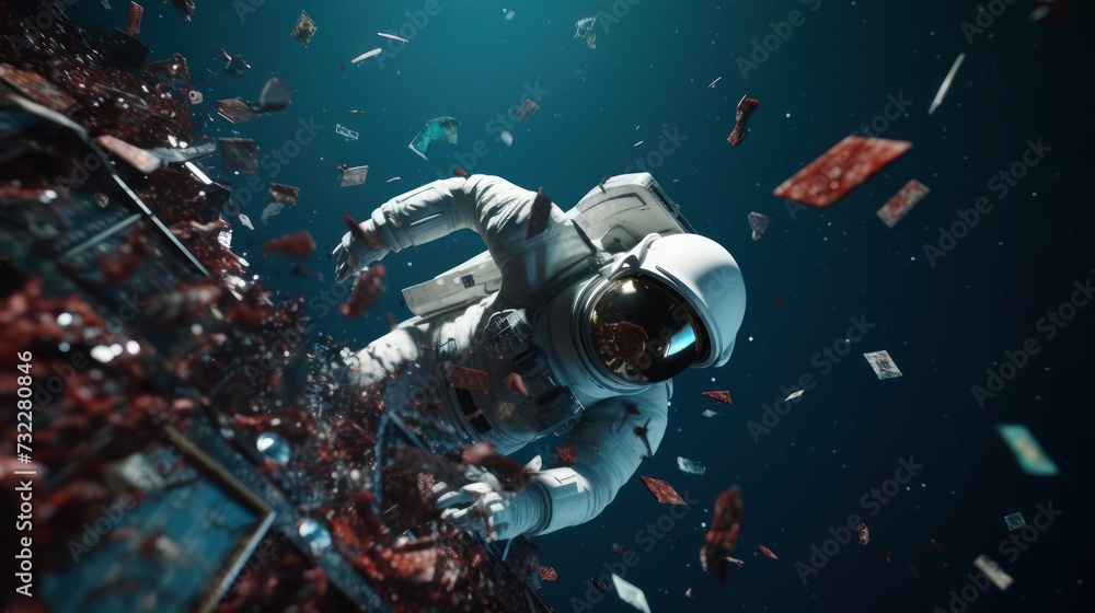 Astronaut in middle of space debris. Generative AI Astronaut in middle of space debris. Generative AI