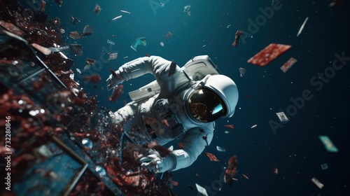 Astronaut in middle of space debris. Generative AI