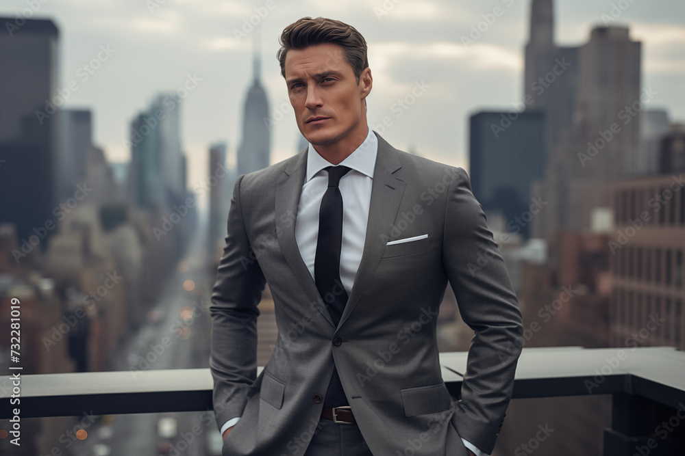 Man in grey suit posing for picture, right side of the composition, city background. Generative ai. M004 Man in grey suit posing for picture, right side of the composition, city background. Generative ai. M004