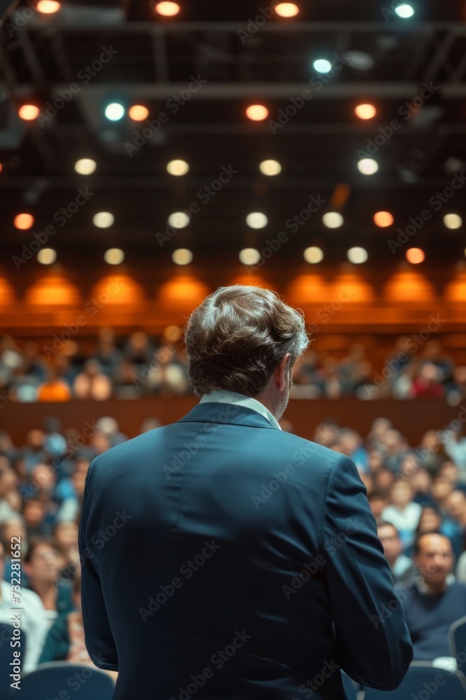 A business and entrepreneurship conference. A speaker delivering a talk at a business meeting. Audience in the conference hall. Rear view of an unrecognized attendee A business and entrepreneurship conference. A speaker delivering a talk at a business meeting. Audience in the conference hall. Rear view of an unrecognized attendee