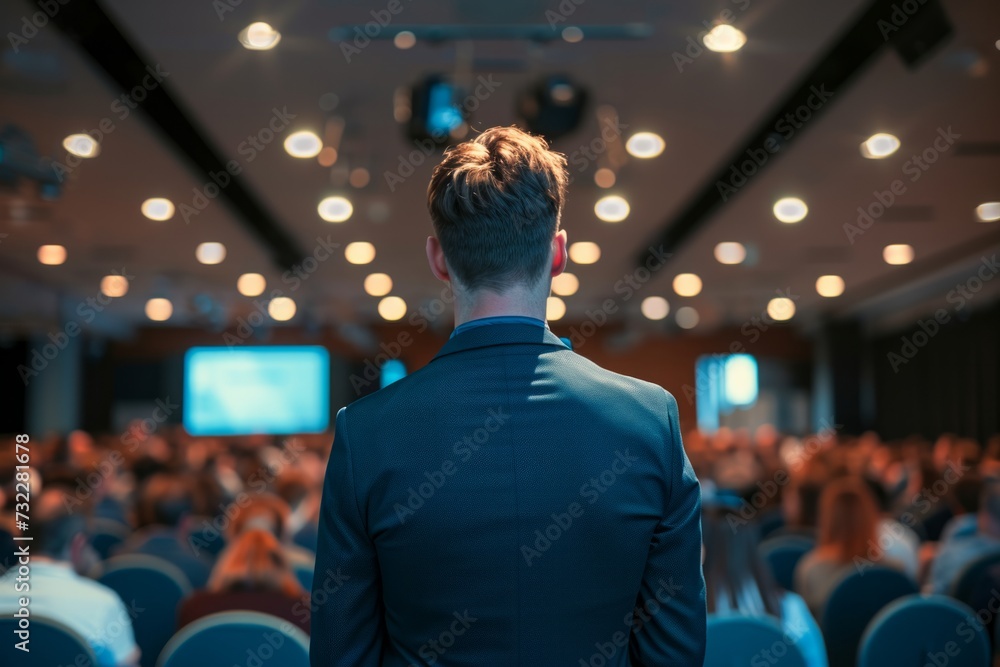 A business and entrepreneurship conference. A speaker delivering a talk at a business meeting. Audience in the conference hall. Rear view of an unrecognized attendee A business and entrepreneurship conference. A speaker delivering a talk at a business meeting. Audience in the conference hall. Rear view of an unrecognized attendee