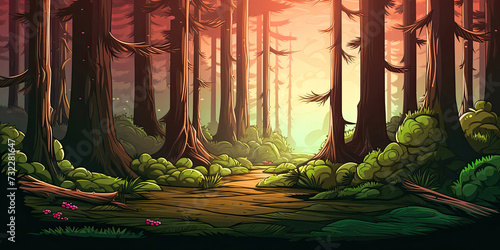 Video game forest background  cartoon forests  retro vintage gaming backdrop illustration  computer graphics  trees backdrop generated ai 