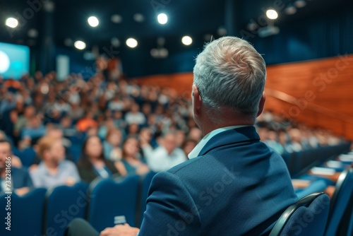 A business and entrepreneurship conference. A speaker delivering a talk at a business meeting. Audience in the conference hall. Rear view of an unrecognized attendee